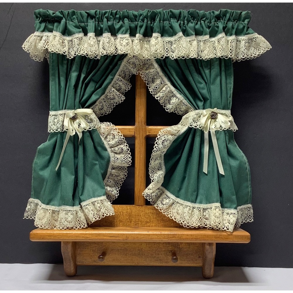 Granny Cottage Core Solid Wood Wall shelf w Pegs and Curtains/drapes Green 18x15